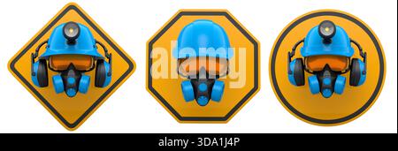 Safety helmets with goggles and respirators, shown on warning signs isolated on white background with clipping path, representing industrial safety co Stock Photo
