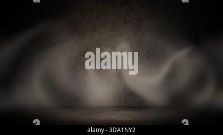 Dark moody and textured background featuring subtly curved concrete or stone wall with wisps of ethereal smoke or fog hovering near floor. Ideal for d Stock Photo
