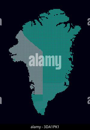 Greenland dotted map. Digital style map of the country on a dark background. Greenland shape with circle dots. Colored dots style. Small size circles. Stock Vector