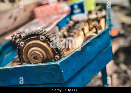 Rome, italy 20 november 2025: camshaft with timing gear resting in blue metal tray, worn and greasy, ready for engine repair, maintenance, or rebuild Stock Photo