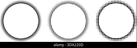 Set of round frames with halftone texture. Circular shapes with dotted, noisy or grainy borders isolated on white background. Decorative design elements. Vector graphic illustration. Stock Vector