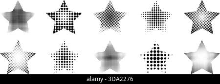 Set of star shapes with trendy noisy, halftoned or grainy texture isolated on white background. Dotted starry forms. Vector graphic illustration. Stock Vector