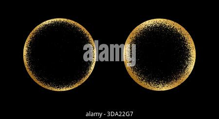 Set of luxury golden round frames with gritty texture. Gold circular shapes with scatter or mezzotint effect borders isolated on black background. Solar eclipse design elements. Vector illustration. Stock Vector