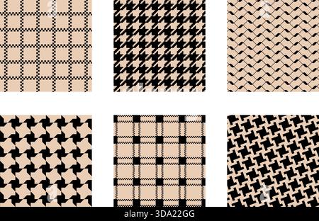 Set of gingham and tartan, houndstooth and pepita, keffiyeh and shemagh patterns. Plaid, scarf or neckerchief fabric prints. Classical tweed or flannel textile ornaments. Vector graphic illustration. Stock Vector