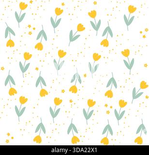 Cute Yellow  Tulip Flower with Pastel Green Leaves Yellow  Stars and Dot Confetti. Seamless Isolated Floral Pattern on White Background. Stock Vector