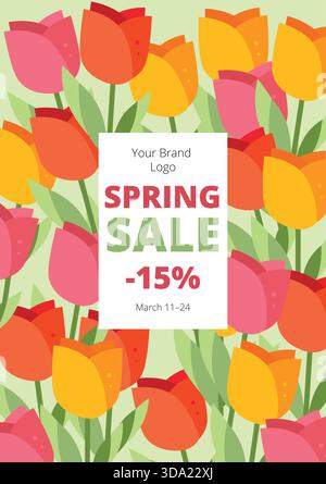 Flat illustration of spring sale design with yellow, pink, and red tulips on a green field and a whiteboard with 'SPRING SALE' text, editable Stock Vector