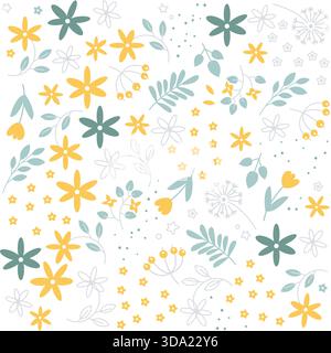 Seamless vector flat pattern featuring vibrant yellow flowers, charming yellow tulips with delicate soft green leaves on white background. Stock Vector