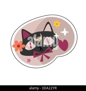 Cute whimsical Black Cat portrait sticker with Crescent Moon, bowtie, and flowers Stock Vector