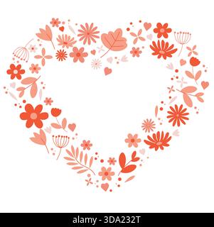 Vector pink heart shape frame composed of leaves, flowers, and hearts in various shades of pink – detailed romantic design for Valentine’s Day Stock Vector