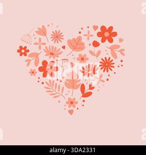 Heart shape vector illustration composed of leaves, flowers, and hearts in various shades of pink – romantic and elegant design for Valentine's day Stock Vector