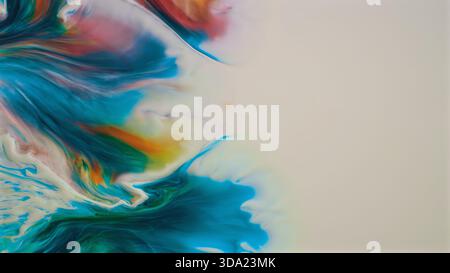 Vibrant teal and blue liquid art merging with white and orange hues Stock Photo