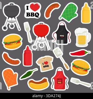 Barbecue sticker set with bbq grill, cooking apron and food. Spicy chili peppers and beer. Flaming roasted hot grill for hot dogs sticker pack patches Stock Vector