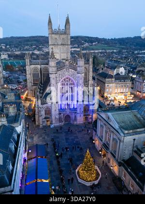 Bath Abbey and Christmas Market at Dusk. Bath, UK. Stock Photo