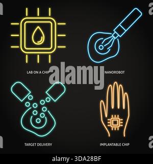 Cell research and studies neon icon set. Target delivery, lab on a chip, implantable chip, nanorobot symbols. Vector illustration. Stock Vector