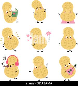 Cartoon peanuts. Peanut character different poses. Cute bean meditating, running, reading book, singing and play music. Childish mascot nowaday vector Stock Vector