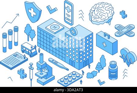 Isometric medical concept. Hospital or clinic building, ambulance cars, medicine tools and pharmacy elements. Pills, syringe, telemedicine, nifty Stock Vector