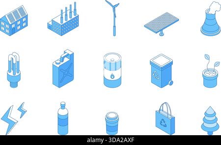 Outline isometric ecology icons. Eco lifestyle, alternative power. Green energy, solar panel, clean oil and recycling. Global warming problems solve Stock Vector