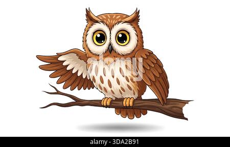 Cute Cartoon Owl Character Sitting on a Branch Isolated on White Background Stock Vector