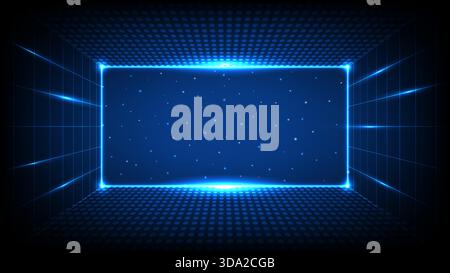 Glowing blue neon frame in a dark futuristic room with grid walls and star-like lights, ideal for tech designs Stock Vector
