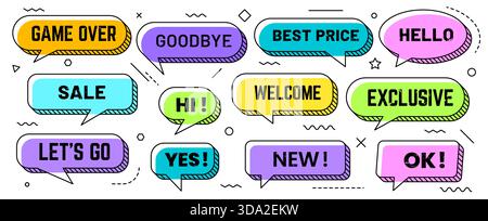 Memphis speech bubbles. Funky comic talk cloud, chat message graphic symbols. Memphis comic speech bubbles, talk dialog or text vector banners with game over, goodby, best spice and hello, hi words Stock Vector