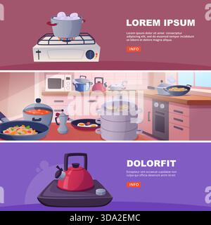 Stove collection. kitchen banners with different items for frying and boiling products on gas stove Stock Vector
