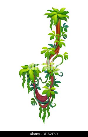 Liana vine branch of tropical jungle or rainforest plant, vector vertical ivy sprouts. Cartoon liana with green leaves and tendrils creeping on rainforest tree or Amazon jungle forest plants for frame Stock Vector