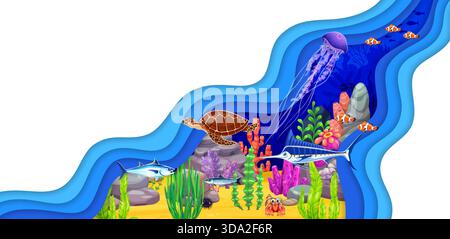 Underwater coral reef paper cut illustration with exotic tropical fish ...