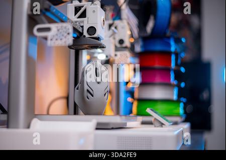 3D printer. Blank Empty 3D printer. 3D printer not working. Blank clean 3D printer desktop without printing process. Stock Photo