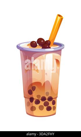 Cartoon milk bubble tea drink in glass with creamy liquid. Vector sweet beverage with black tapioca pearls and straw. Asian dessert in transparent takeaway cup with layered texture and whipped cream Stock Vector