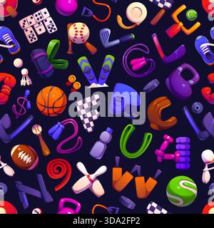 Cartoon sport font, athletic typeface letters in vector seamless pattern. Sport equipment letters of basketball, boxing gloves, helmet, tennis ball or racket, ski and football, baseball bats and golf Stock Vector