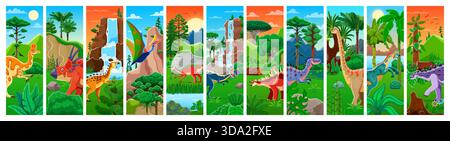 Prehistoric dinosaurs collage. Cartoon jungle with colorful dino animals in tropical landscapes. Vector panorama includes waterfalls, palm trees, mountains and dinosaur species in lush environments Stock Vector