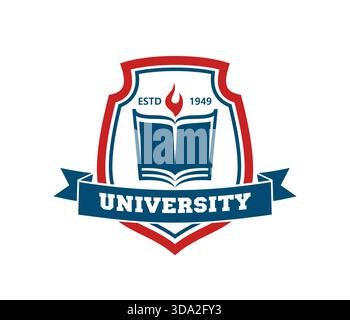 University heraldic icon with book and torch fire flame for education emblem, vector badge. University heraldry shield patch with ribbon and establish estd year for school, college or student academy Stock Vector