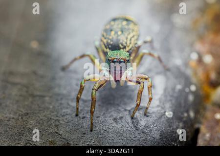 Jumping spider with vibrant green cephalothorax and spotted abdomen on gray textured surface, extreme macro showing intricate details. Photography, no Stock Photo