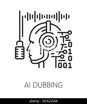 Ai dubbing sound record line icon or symbol. Voice acting artificial intelligence dubbing line icon, movie sound studio vector sign. Audio recording symbol with robot head, binary code and microphone Stock Vector