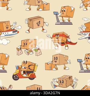 Groovy delivery cardboard box characters vector seamless pattern. Boxes carry grocery, ride a scooter, fly on planes, superhero with red cape, shopping, transporting goods, and checking weight Stock Vector