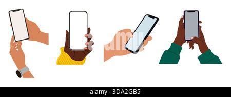 Hands holding smart phones in various positions Stock Vector