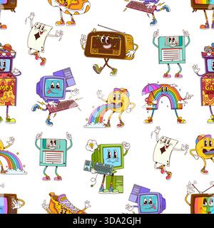 Retro groovy characters seamless pattern with cartoon characters of floppy disk, old monitor, radio, arcade machine, poker ace card and rainbow mascot. Vintage pattern with happy gambling personages Stock Vector