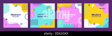 Modern geometric memphis square covers with shapes. Abstract funky shapes vector presentation brochure or leaflet layout, flyer template. Poster background or book cover Memphis minimalistic patterns Stock Vector