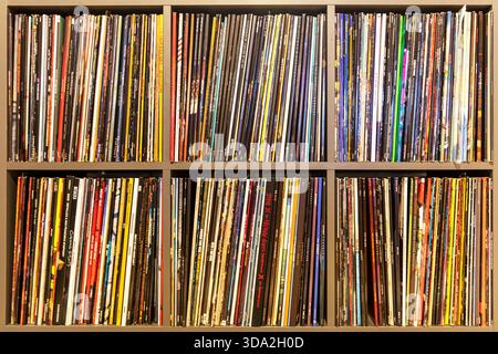 A neatly organized vinyl record collection fills multiple shelves. Each record is visible, showcasing a variety of colors and designs. Stock Photo