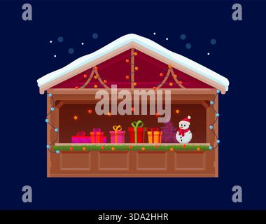 Christmas market booth and winter holiday street bazaar store kiosk, cartoon vector. Christmas market stall with New Year gifts and decorated with toy snowman, Christmas lights string and snow on roof Stock Vector