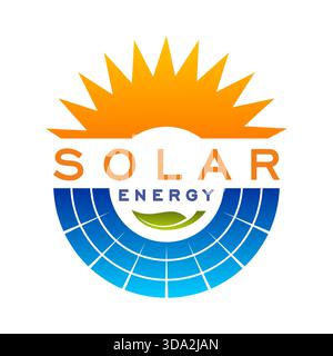 Solar energy technology icon. Renewable energy production company vector icon, clean electricity industry badge. Solar electric service emblem with shining sun rays and curved blue solar panels Stock Vector