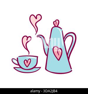 A charming vector illustration of a teapot and teacup adorned with heart motifs, soft pastel palette, clean lines, minimal shadows, perfect for Stock Vector