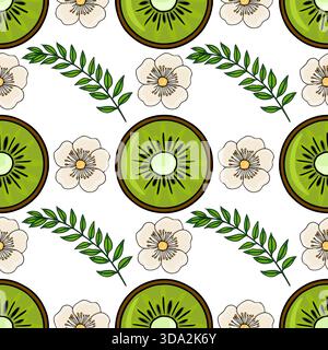 Seamless vector pattern featuring sliced kiwi fruits and delicate white flowers with green leaves. Stock Vector
