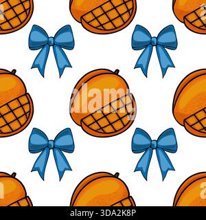 Seamless vector pattern featuring sliced mangoes with a grid interior and decorative blue bows on a white background. Stock Vector