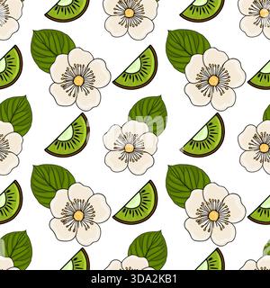 Seamless vector pattern of delicate white kiwi flowers and bright green kiwi slices with dark leaves. Stock Vector