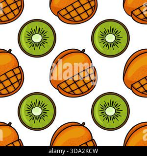 A vibrant, repeating vector pattern featuring halved mangoes and sliced kiwis, with a clean white background and bold outlines. Stock Vector