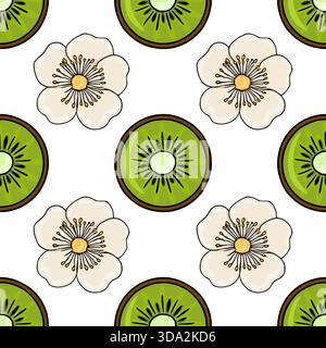 Seamless vector pattern of vibrant kiwi slices and delicate white blossoms on a clean white background, evoking a fresh and natural theme. Stock Vector