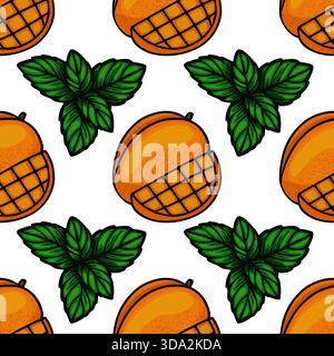 A vibrant, repeating vector pattern featuring sliced and whole ripe mangoes with fresh green mint leaves on a clean white background, ideal for tropic Stock Vector