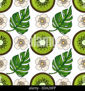 Seamless vector pattern featuring vibrant kiwi slices and delicate white flowers interspersed with lush green monstera leaves, creating a fresh tropic Stock Vector