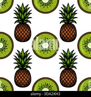 Seamless vector pattern featuring stylized pineapples and kiwi slices with a vibrant, fresh aesthetic. Stock Vector